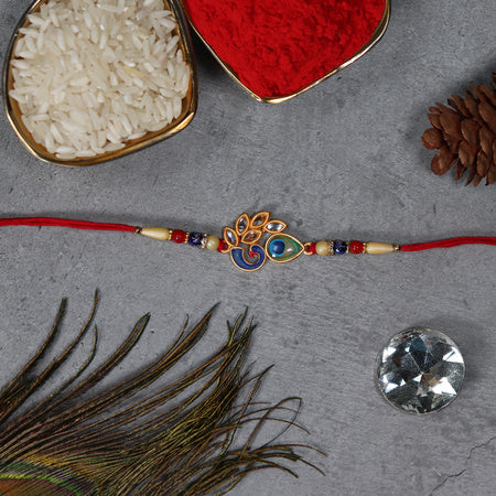 Artistic Mor Pankh Rakhi With Colorful Enamel And Traditional Thread