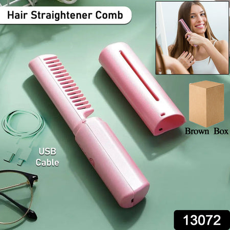 13072 Rechargeable Mini Hair Straightener Travel Portable Usb Charging Cordless Hair Straightener Bursh Three Temperature Adjustments Flat Iron Comb (1 Pc)